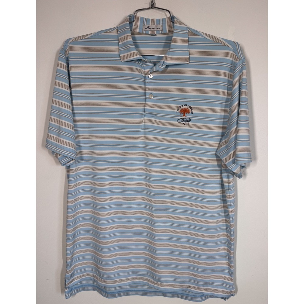 Peter Millar Performance Blue Striped Golf Polo Shirt Kiawah Ocean Course Mens L